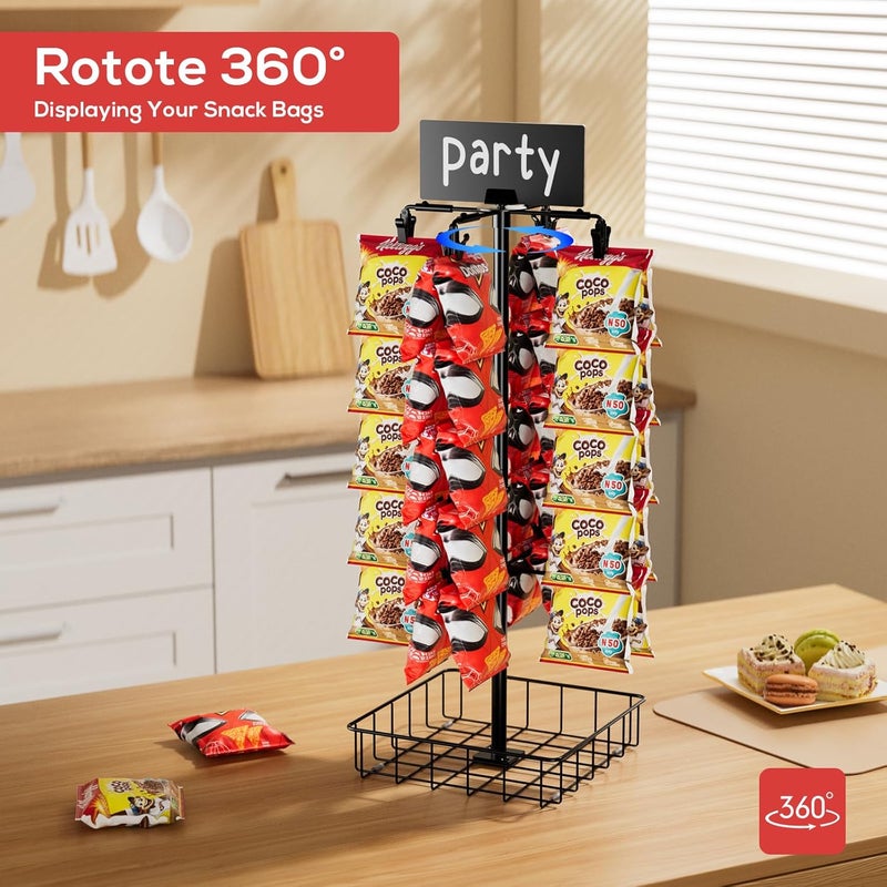 TJMOREE Chip Rack Display Stand, Chip Bag Holder for Party 360° Rotating 48 Clips Countertop Snack Hanger, Snack Retail Display Rack - Image 3